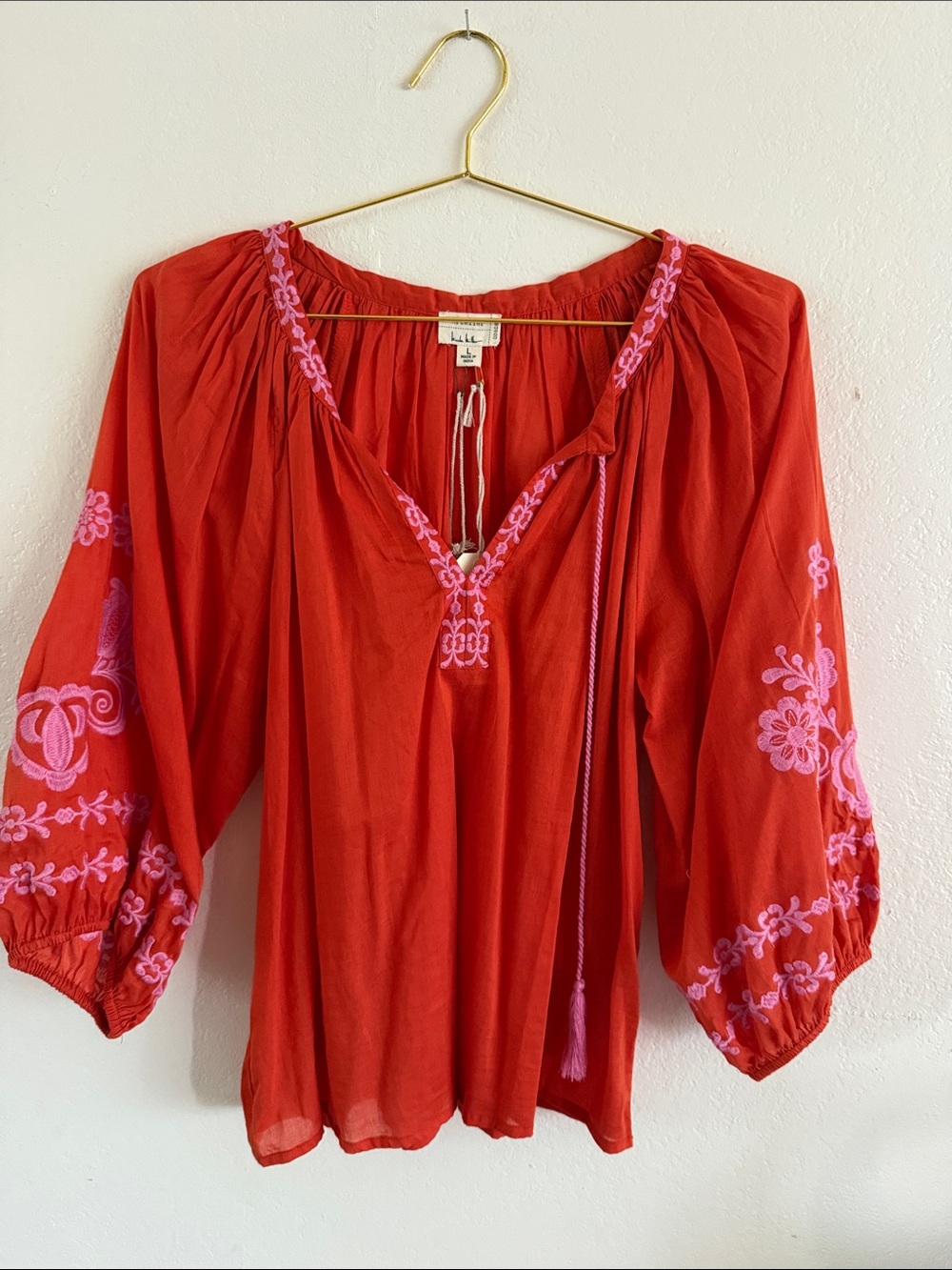 Nicole Miller Orange Peasant Tunic with Pink Embroidery